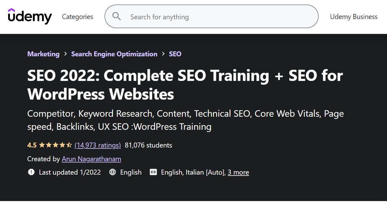 Página del curso Udemy SEO 2022