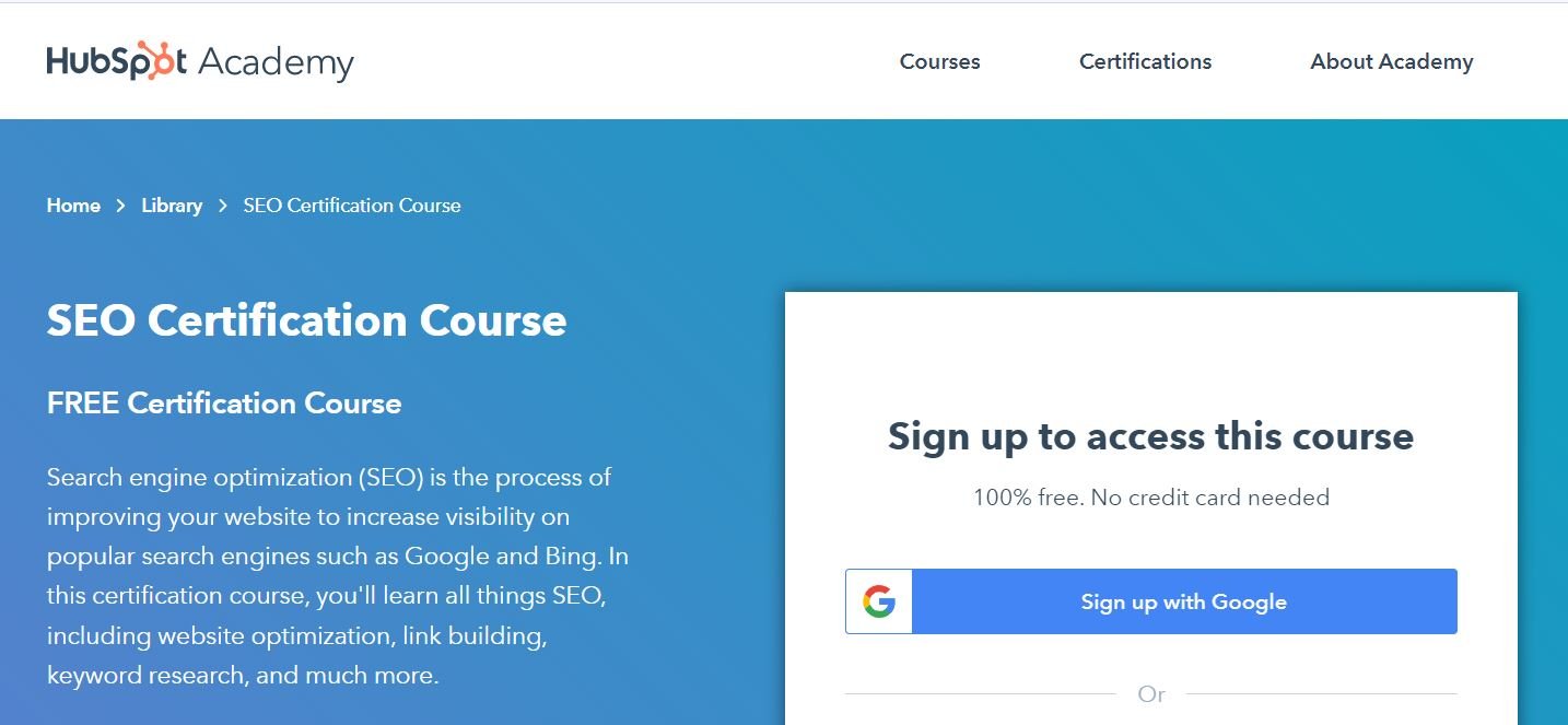 Página del curso de certificación SEO en HubSpot