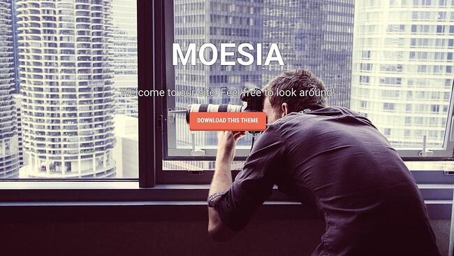 El tema de paralaje libre de Moesia contiene una imagen de héroe con un botón CTA brillante