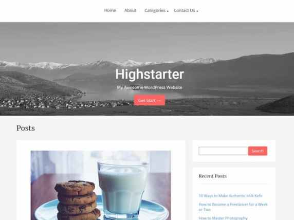 el tema de paralaje highstarter gratuito presenta una imagen de héroe y un diseño de blog de barra lateral