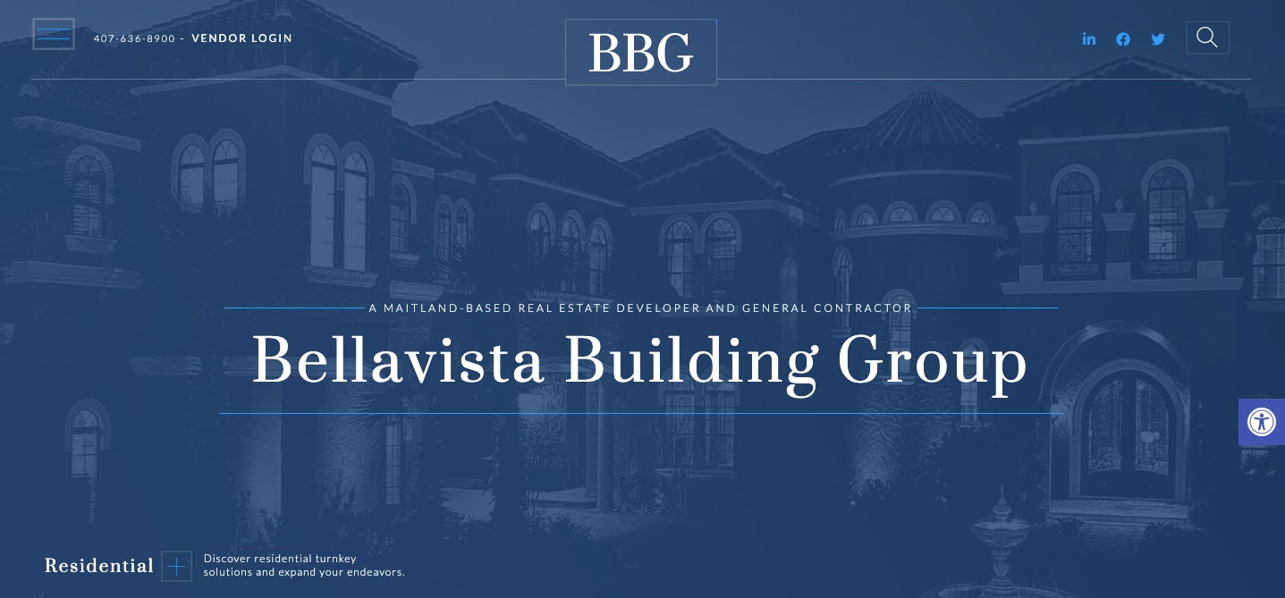El sitio web de Bellavista Building Group utiliza la transparencia para alinear el texto en una imagen de fondo ligeramente transparente