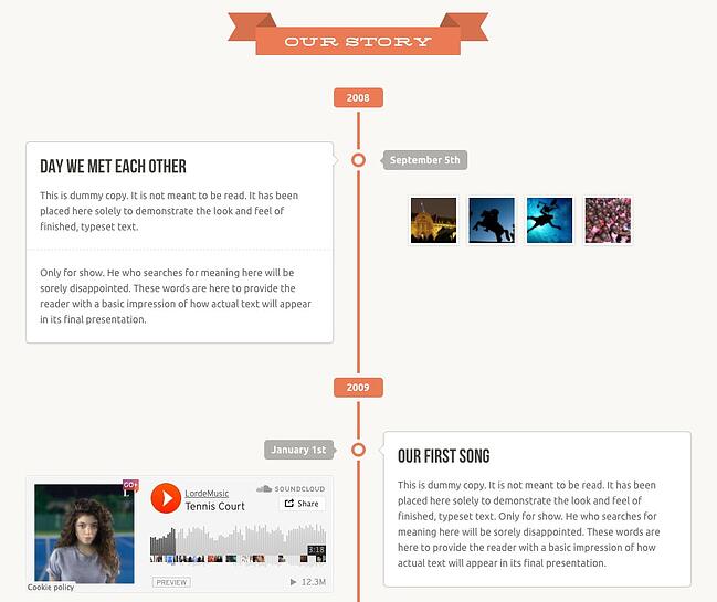 un ejemplo de una página de estilo de línea de tiempo de Facebook hecha con un tema de boda de wordpress
