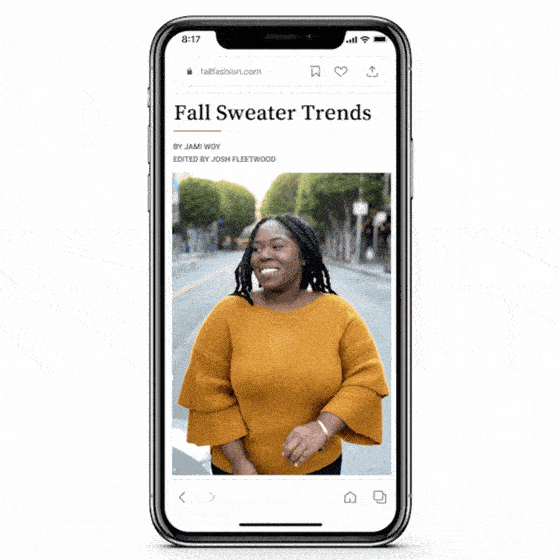 El usuario toca y mantiene presionada la imagen para que Google Lens encuentre una blusa amarilla similar con mangas con volantes.