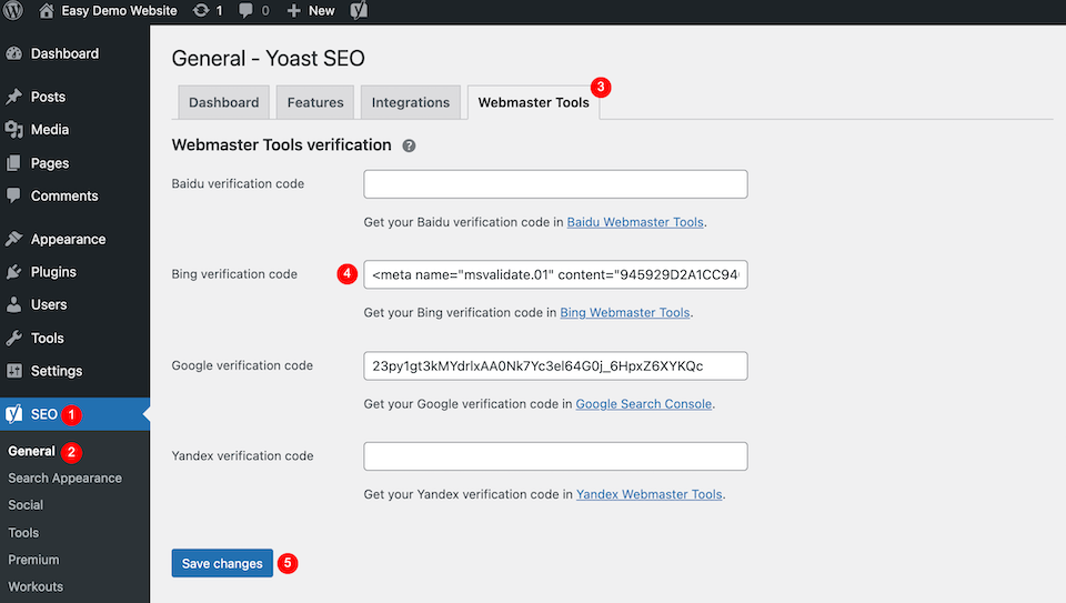 Mapa del sitio de las Herramientas para webmasters de Bing