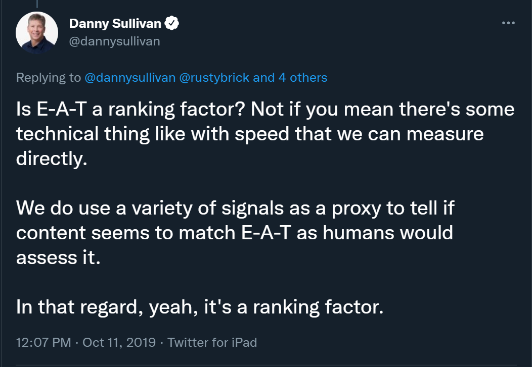 Tweet sobre EAT SEO de Danny Sullivan