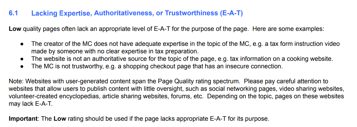 Parte de las pautas de evaluación EAT SEO de Google