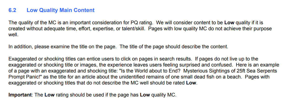 Pautas de contenido de baja calidad de Google para EAT SEO.