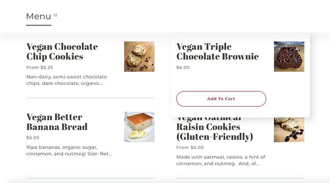 Clarke's Cakes & Cookies implementa la ley de Hick, agregando "Añadir al carrito" botón cuando el usuario pasa el cursor sobre un elemento del menú