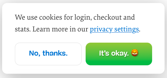 El formulario de consentimiento de cookies de Smashing Magazine destaca la opción recomendada para implementar la Ley de Hick
