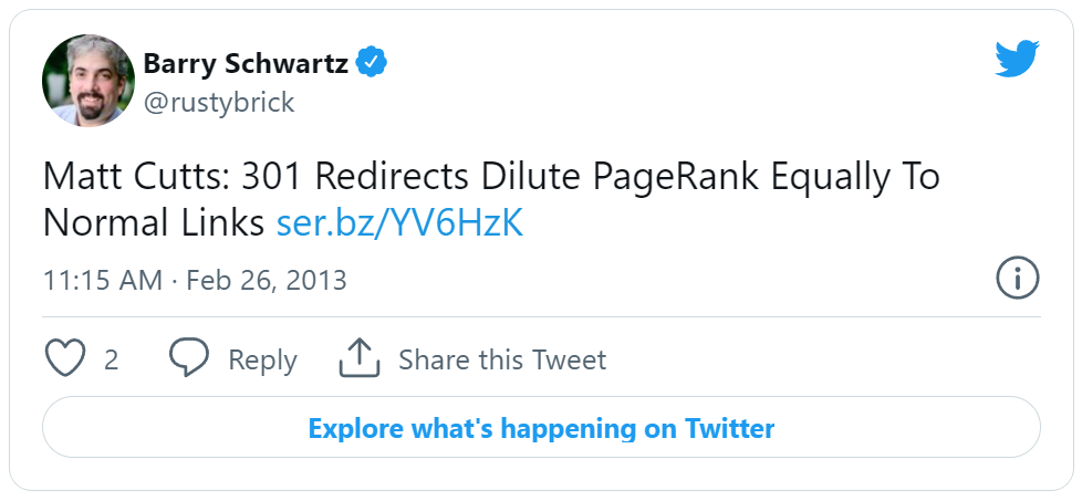 Tweet hablando de cómo las redirecciones 301 pueden debilitar el PageRank