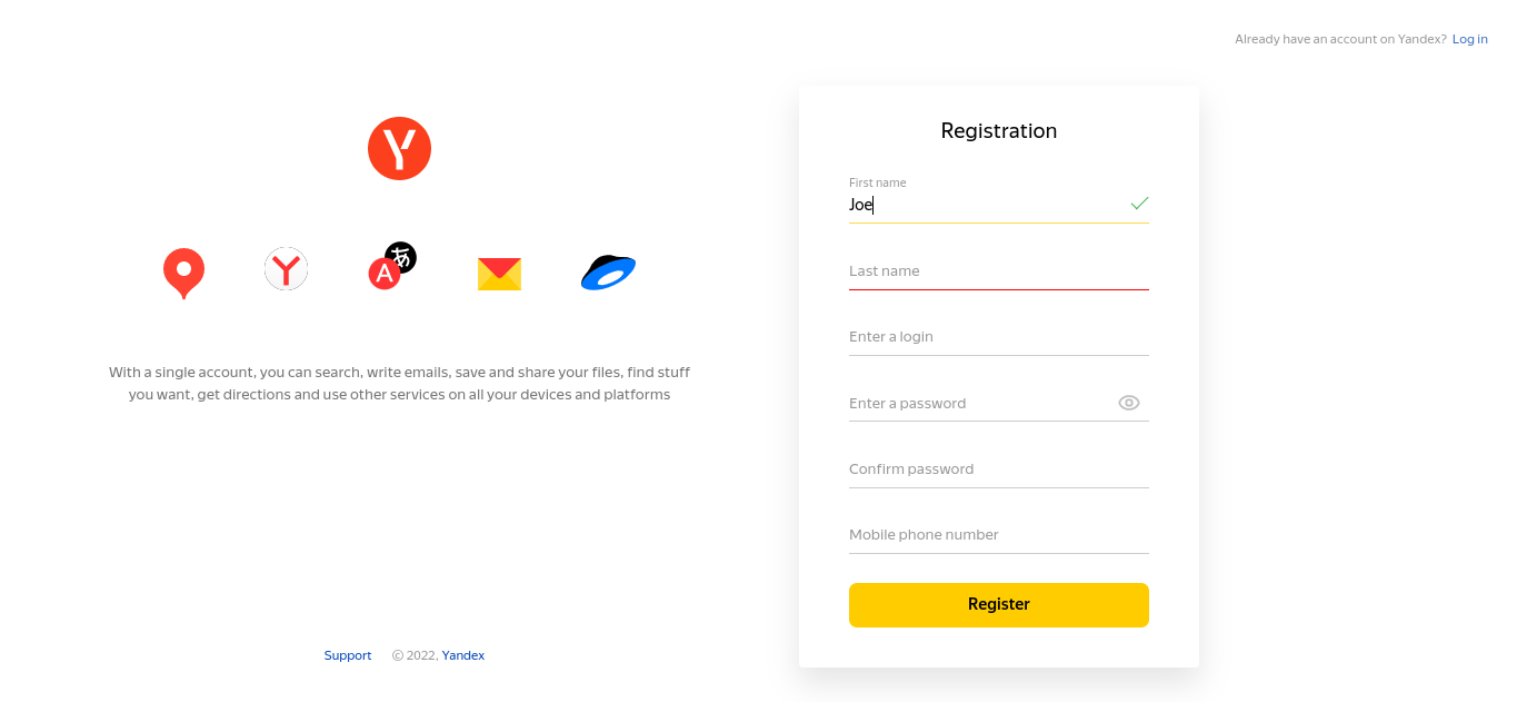 Formulario de registro para las herramientas para webmasters de Yandex.