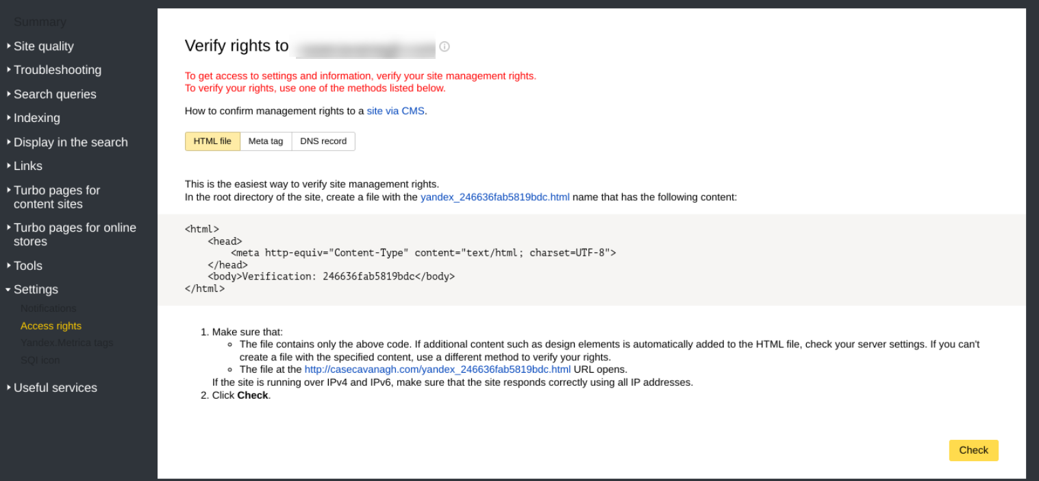 Pantalla de verificación del sitio de Yandex.