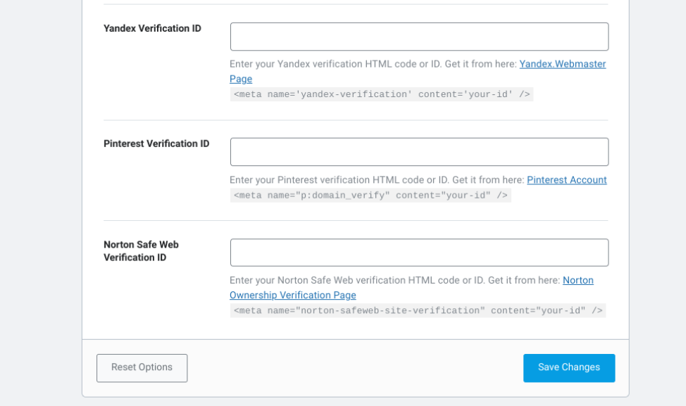 Campo de ID de verificación de Yandex en el complemento Rank Math SEO en WordPress.