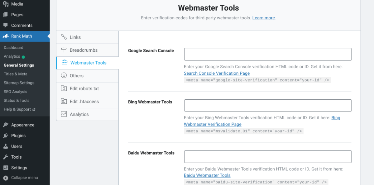 Pantalla Herramientas para webmasters en WordPress.