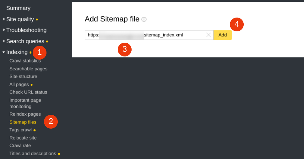 Envío de mapa de sitio XML en las herramientas para webmasters de Yandex.