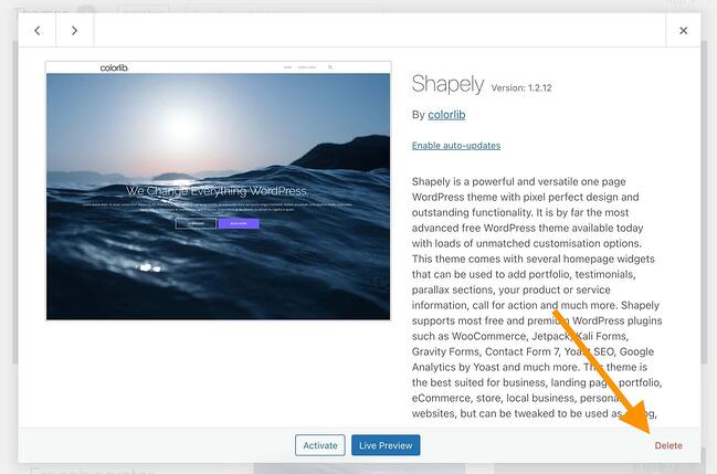 botón de eliminación de tema en el tablero de wordpress
