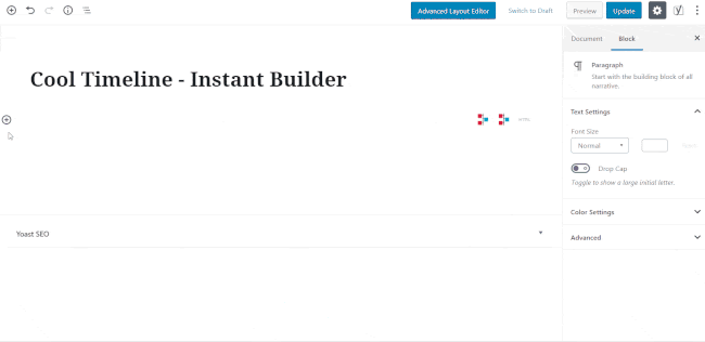 usuario creando una línea de tiempo vertical con el bloque Cool Timeline Gutenberg