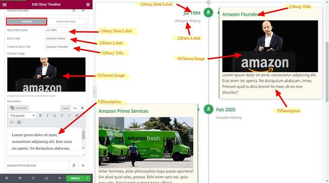 Línea de tiempo para crear una historia de Amazon con el complemento Elementor Timeline Widget