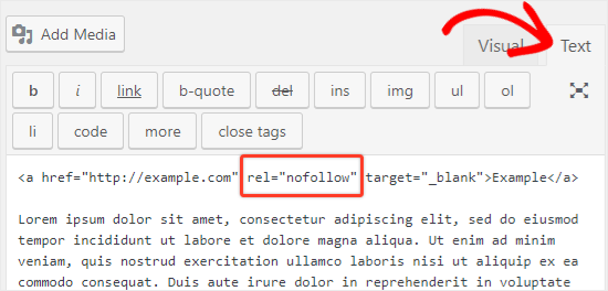 agregue el atributo nofollow a los enlaces en el editor de texto clásico