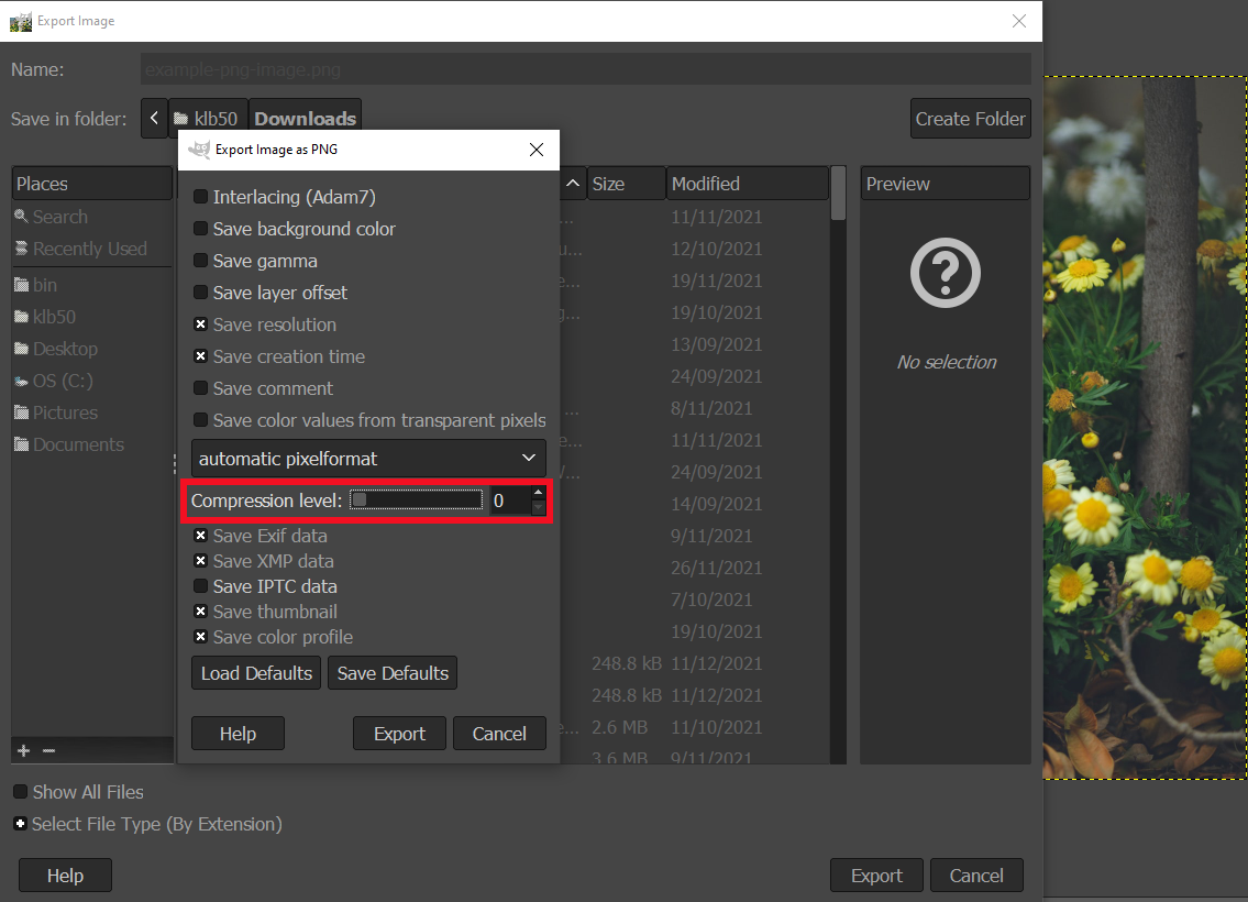 Selección de un nivel de compresión PNG sin pérdidas en GMP. 