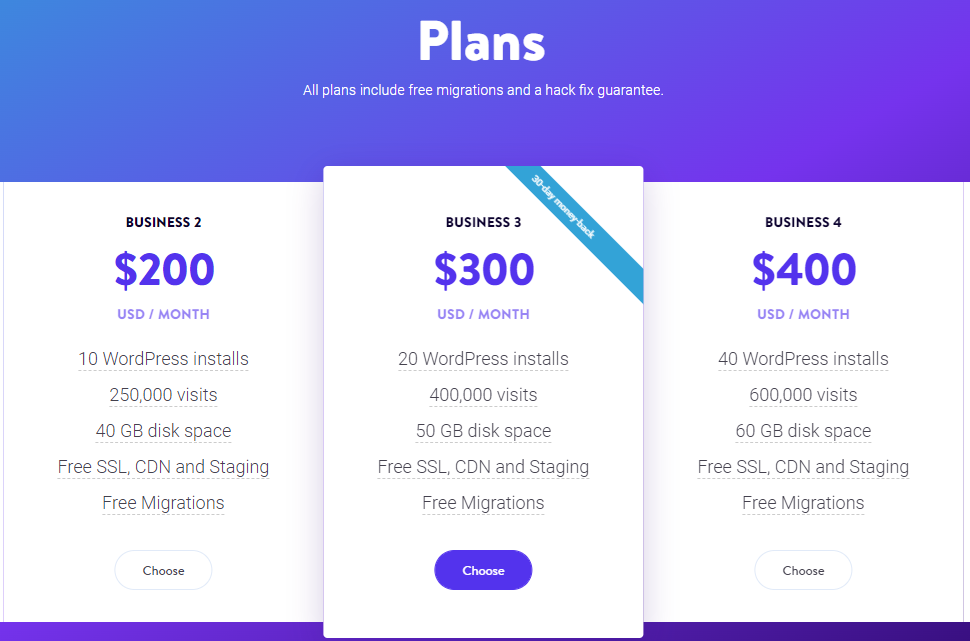 Un ejemplo de los planes de Kinsta