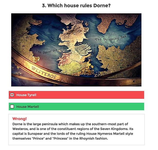 Respuestas a una pregunta con respuesta correcta y explicación creada con el complemento WordPress Viral Quiz