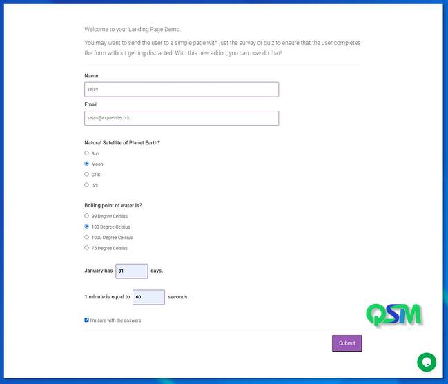 vista frontal con respuestas al cuestionario creado con el complemento Quiz and Survey Master para WordPress