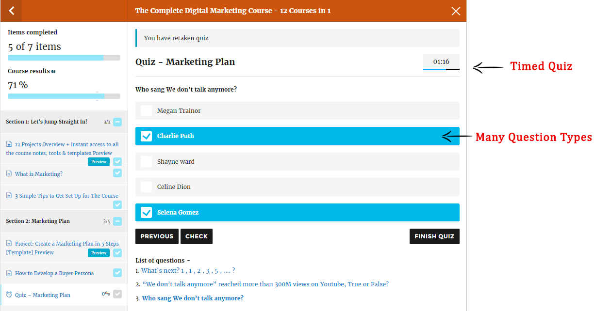 Un cuestionario cronometrado creado con el complemento LearnPress para WordPress