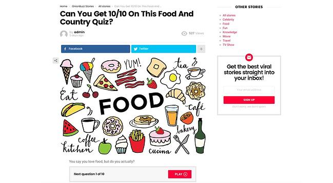 Un cuestionario culinario creado con el complemento Viral Quiz Maker para WordPress