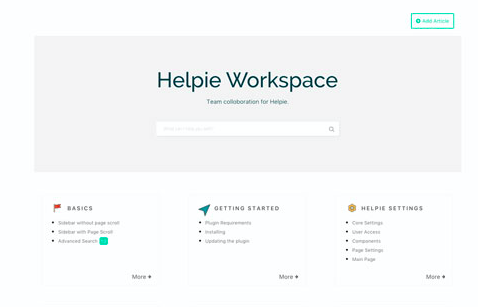 Helpie WP frontend que publica la página de inicio del complemento de wordpress