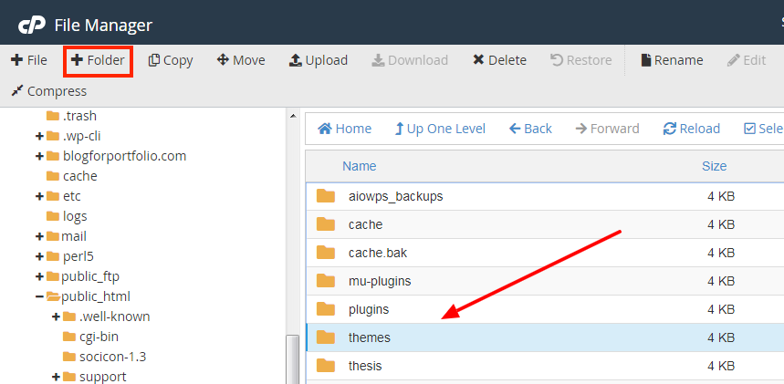 Crear una carpeta de subtemas en el cpanel de su proveedor de alojamiento de WordPress