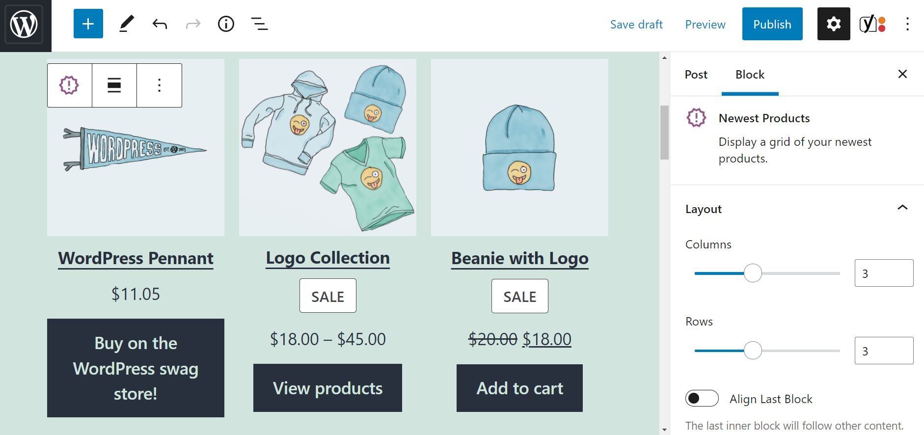 Configuración de diseño para el bloque de productos más recientes de WooCommerce