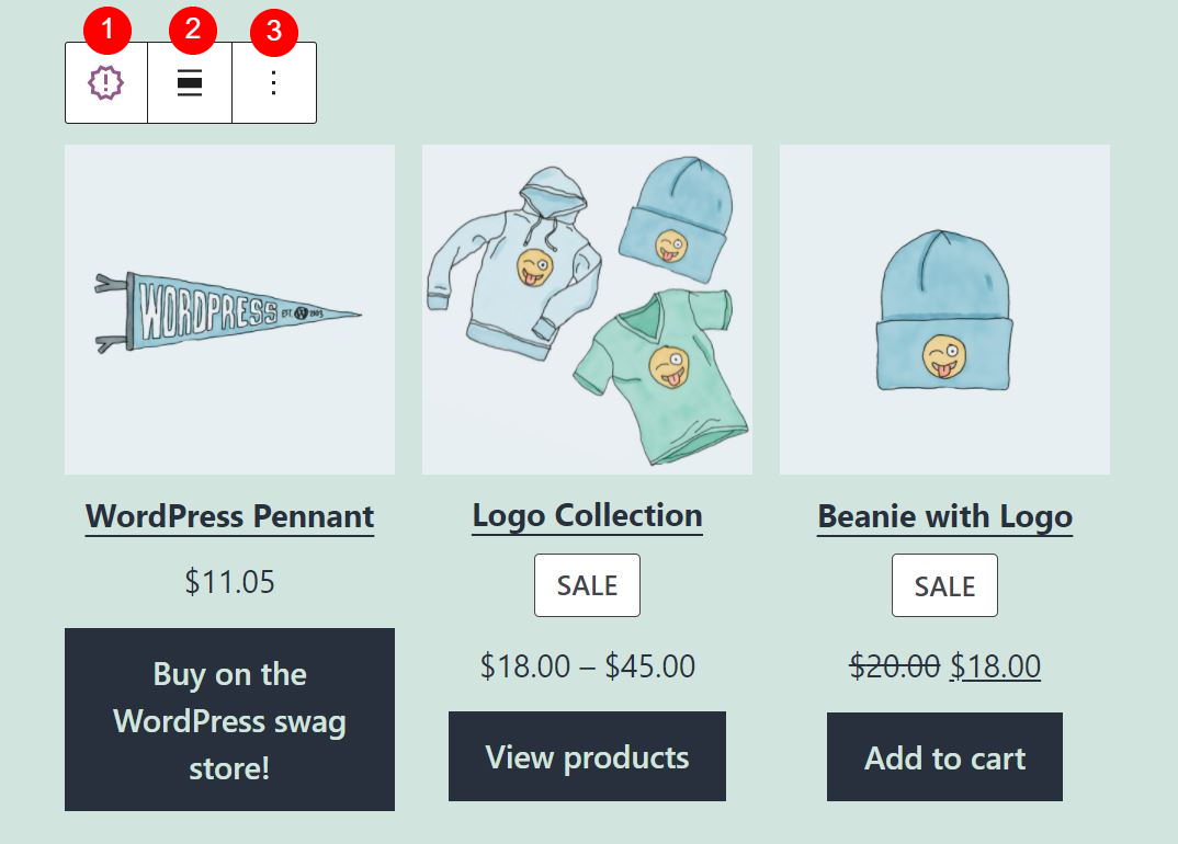 Configuración de la barra de herramientas para el último bloque de productos