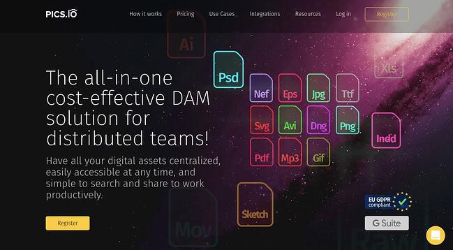 Pics.io página de inicio de gestión de activos digitales de código abierto