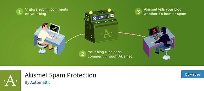 Una página que enumera el complemento Akismet Spam Protection para WordPRess