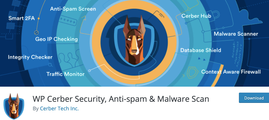 página que enumera los complementos WP Cerber Security, Anti-Spam y Malware Scan para WordPress