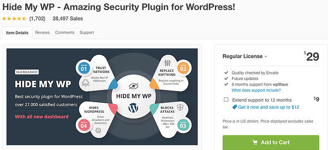 página con la lista del complemento antispam Hide My WP para WordPress