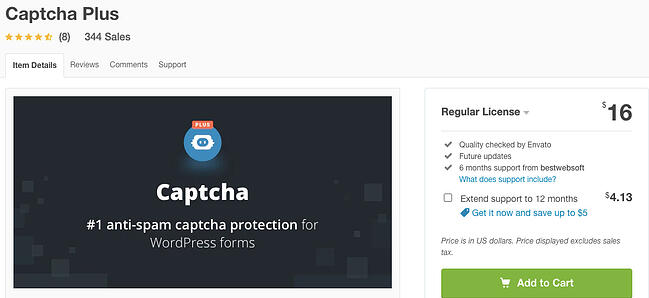 página que enumera el complemento antispam Captcha Plus para WordPress