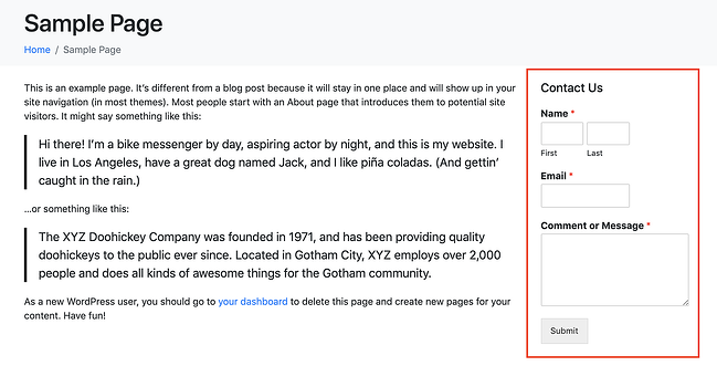 un ejemplo de un widget de formulario personalizado que muestra cómo agregar un widget a una página de WordPress
