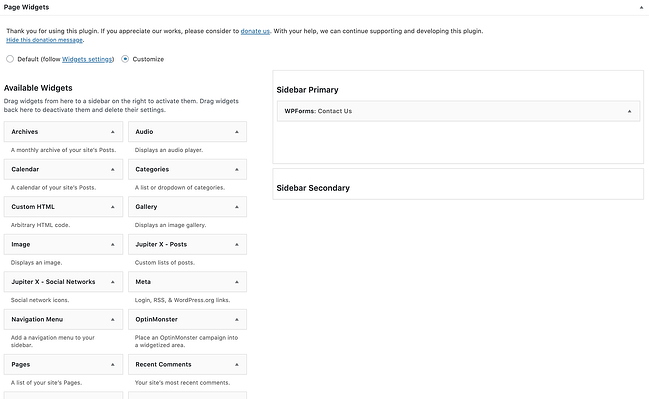 La sección de widgets de la página para agregar un widget a su página de WordPress