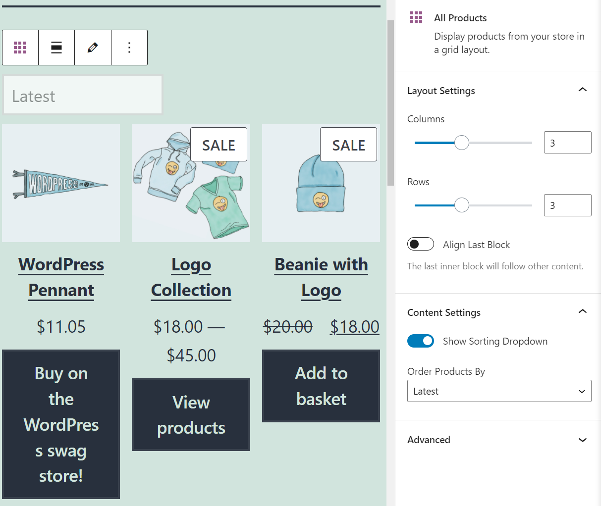 Configuración de bloques Todos los productos de WooCommerce