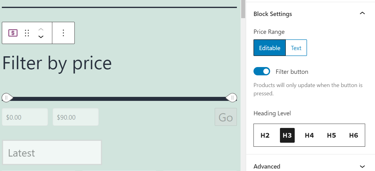Configurar el filtrado de productos por bloque de precios
