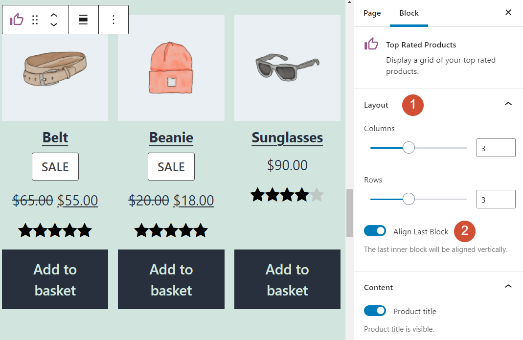 Configuración del diseño de bloques de Productos Mejor Valorados en WooCommerce