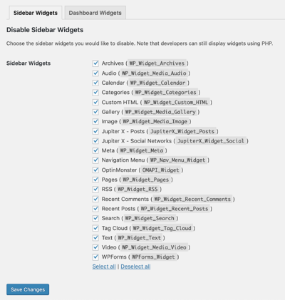 Complemento de deshabilitación de widgets: deshabilite los widgets de la barra lateral en su sitio web