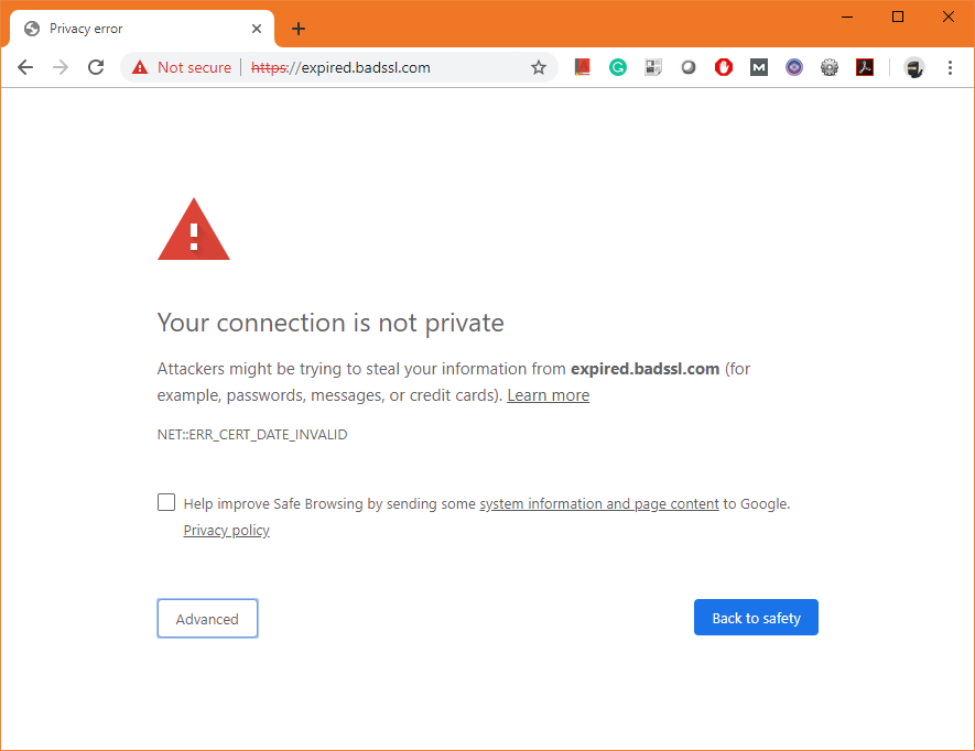 una pantalla de advertencia en Google Chrome que indica que el certificado SSL del sitio ha caducado
