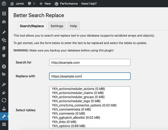 Configure los ajustes del complemento Better Search Replace para forzar HTTPS en el panel de control de WordPress