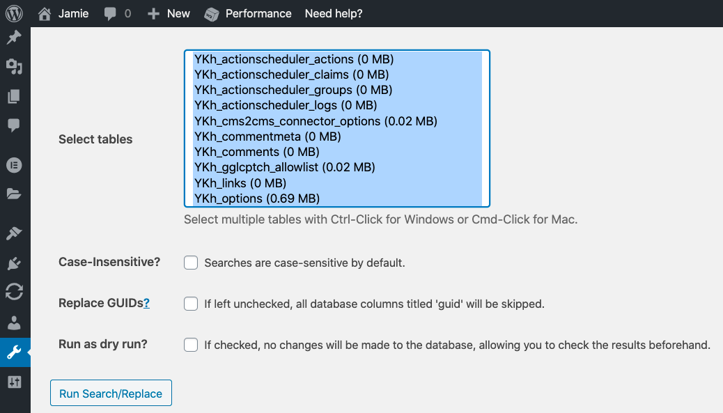 Seleccione todas las tablas de la base de datos en la página de configuración del complemento Better Search Replace para forzar HTTPS en el panel de WordPress