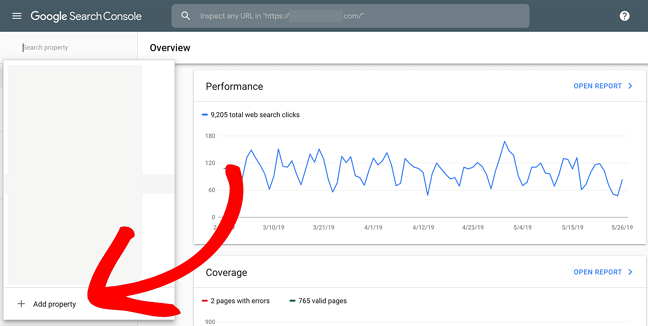 Haga clic en agregar una propiedad en Google Search Console para agregar un sitio HTTPS