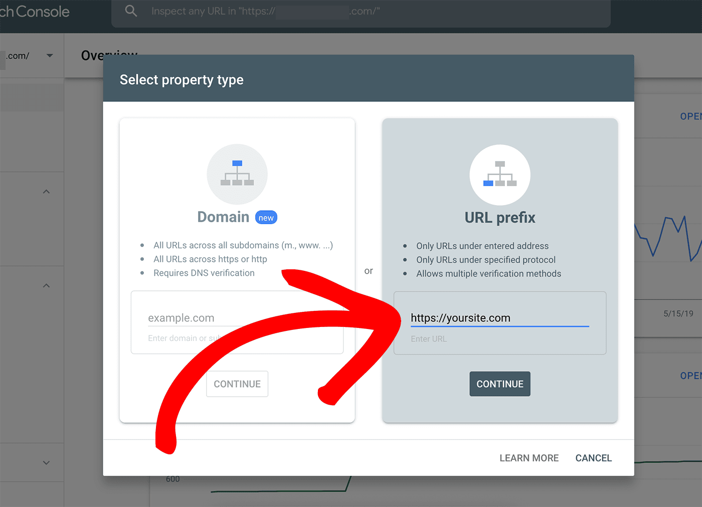 Ingresar un prefijo de URL en Google Search Console para verificar su sitio HTTPS
