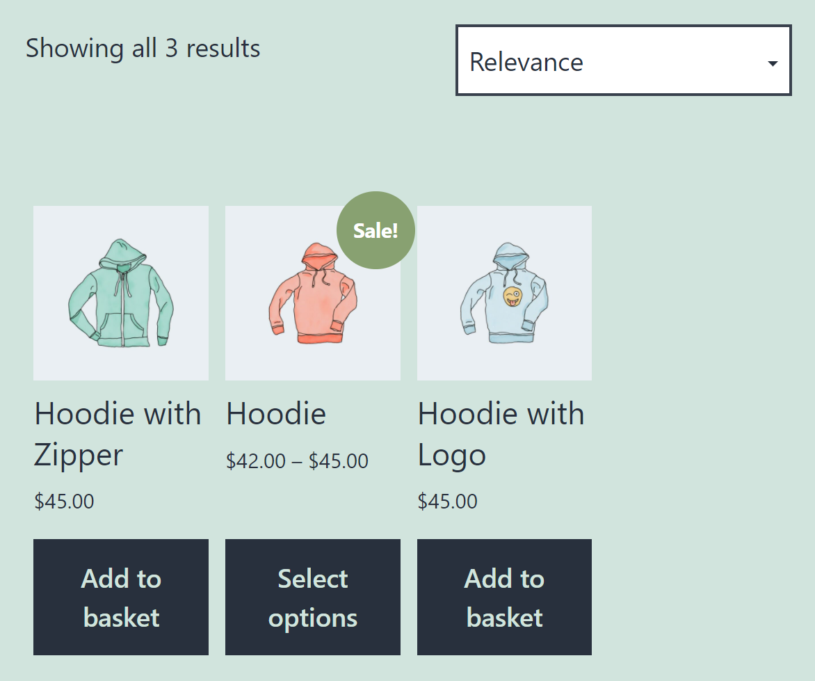 Resultados de búsqueda de sudaderas con capucha de WooCommerce